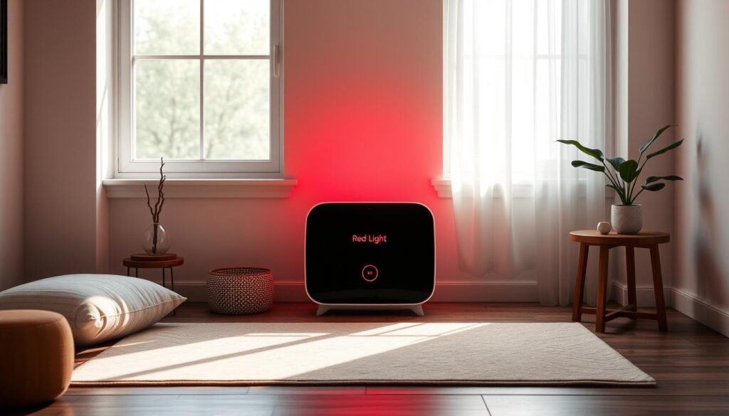 A cozy meditation room with a minimalist design, featuring a sleek "Red Light Meditations" device emitting a warm, crimson glow. Soft, natural lighting filters through a large window, casting a serene ambiance. The room is adorned with a plush meditation cushion, a simple wooden side table, and a calming plant. The atmosphere exudes tranquility, inviting the viewer to settle in and immerse themselves in a restorative red light therapy session. A cozy meditation room with a minimalist design, featuring a sleek "Red Light Meditations" device emitting a warm, crimson glow. Soft, natural lighting filters through a large window, casting a serene ambiance. The room is adorned with a plush meditation cushion, a simple wooden side table, and a calming plant. The atmosphere exudes tranquility, inviting the viewer to settle in and immerse themselves in a restorative red light therapy session.