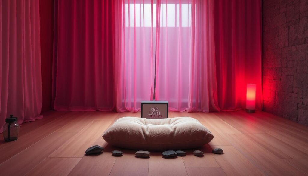 A serene and tranquil indoor environment, bathed in a warm, soft glow of red light. A plush, inviting meditation cushion sits in the center, surrounded by natural elements like smooth river stones and a small table displaying the "Red Light Meditations" logo. Soft, indirect lighting filters through sheer, gauzy curtains, casting a calming ambiance. The background showcases a minimalist, earthy color palette with natural textures, such as raw wood paneling and a stone or concrete wall. An overall sense of peacefulness, stillness, and invitation to introspection permeates the scene.