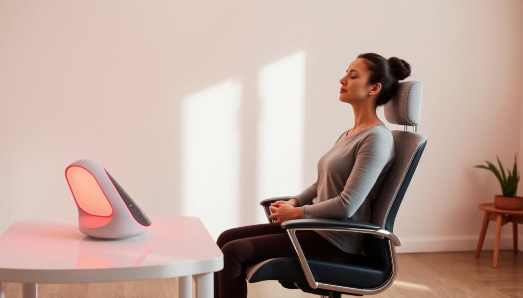 A serene, well-lit room with a Red Light Meditations device prominently displayed on a clean, minimalist table. The device's sleek, modern design emits a warm, soothing red glow, casting a soft, therapeutic light across the space. The user sits comfortably in a ergonomic chair, eyes closed, hands resting gently in their lap, fully immersed in a state of calm and relaxation. The room's neutral color palette and clutter-free layout create an atmosphere of tranquility, emphasizing the safety and efficacy of this light therapy practice.