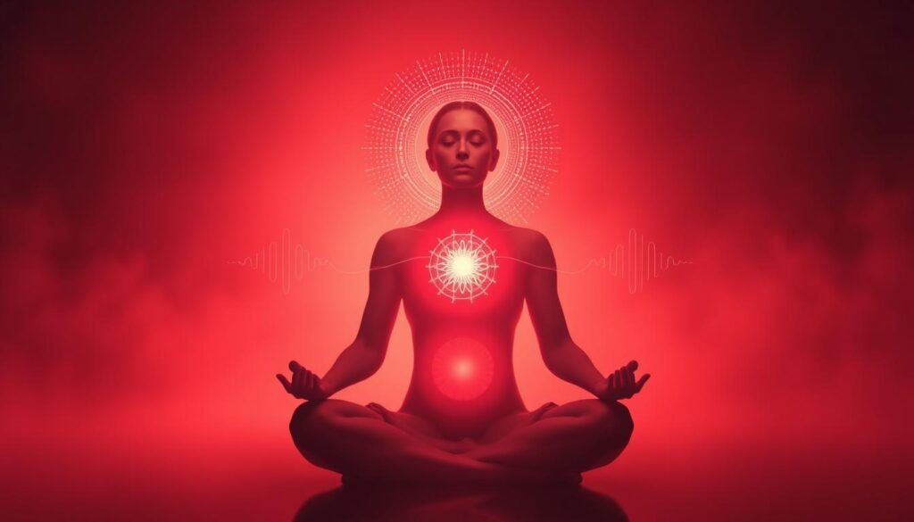 Meditation synergy brainwave states: A tranquil scene of a person sitting in lotus position, surrounded by a halo of warm, crimson light. The figure's face is serene, their eyes closed as they tap into the "Red Light Meditations" energy. Pulsing waves of light emanate from the core, symbolizing the synergistic interplay of brainwave states - alpha, theta, and delta - induced by this restorative practice. The background is shrouded in a soft, ethereal mist, creating a contemplative, otherworldly atmosphere. Subtle lens flare and a slightly off-center, cinematic composition lend a dreamlike quality to the image. Meditation synergy brainwave states: A tranquil scene of a person sitting in lotus position, surrounded by a halo of warm, crimson light. The figure's face is serene, their eyes closed as they tap into the "Red Light Meditations" energy. Pulsing waves of light emanate from the core, symbolizing the synergistic interplay of brainwave states - alpha, theta, and delta - induced by this restorative practice. The background is shrouded in a soft, ethereal mist, creating a contemplative, otherworldly atmosphere. Subtle lens flare and a slightly off-center, cinematic composition lend a dreamlike quality to the image.