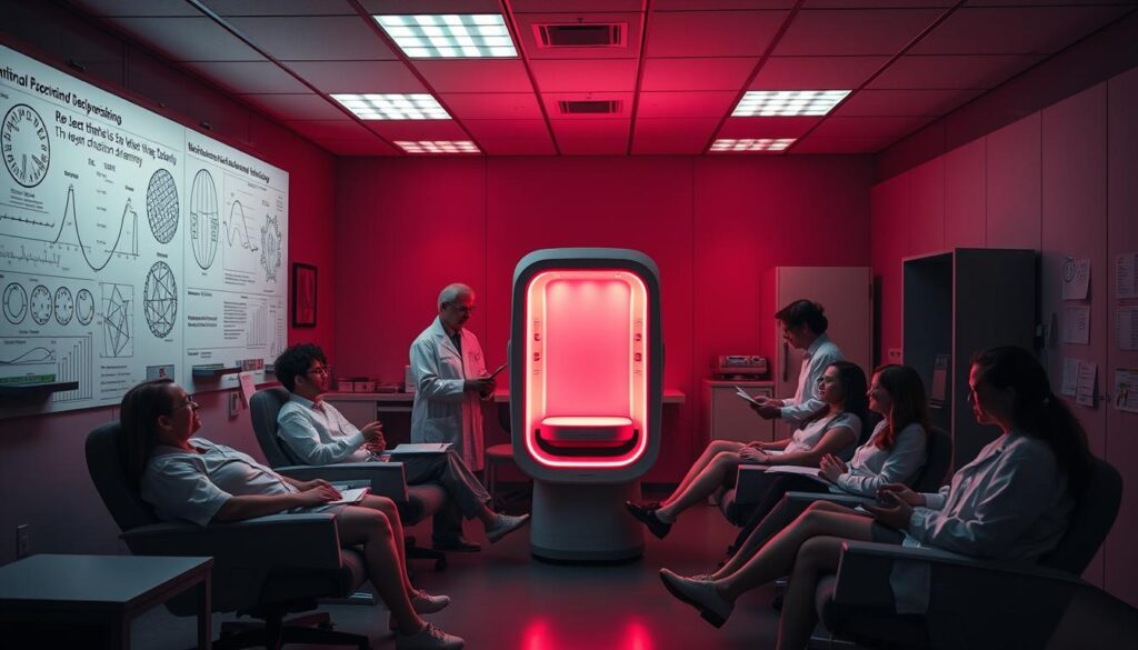 A dimly lit research laboratory, the walls adorned with scientific diagrams and graphs. In the center, a sleek, modern red light therapy device emits a warm, soothing glow. Patients recline on comfortable chairs, their bodies bathed in the therapeutic crimson hues as researchers observe, taking notes and analyzing data. The atmosphere is one of diligent investigation, with a sense of scientific curiosity and the potential for groundbreaking discoveries about the efficacy of red light therapy for weight loss.