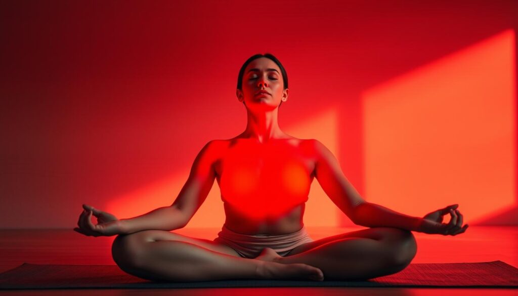 A person in a relaxed, meditative pose bathed in the warm, soothing glow of red light. The scene is set in a calming, minimalist environment with clean lines and natural textures, like smooth wood or stone. Soft shadows and diffused lighting create a contemplative atmosphere, highlighting the harmonious blend of the mental and physical aspects of the practice. The model's expression is serene, their eyes closed, as they fully immerse themselves in the therapeutic benefits of the combined modalities. The overall composition conveys a sense of balance, tranquility, and the synergistic power of the "Mind-Body-Light" connection.