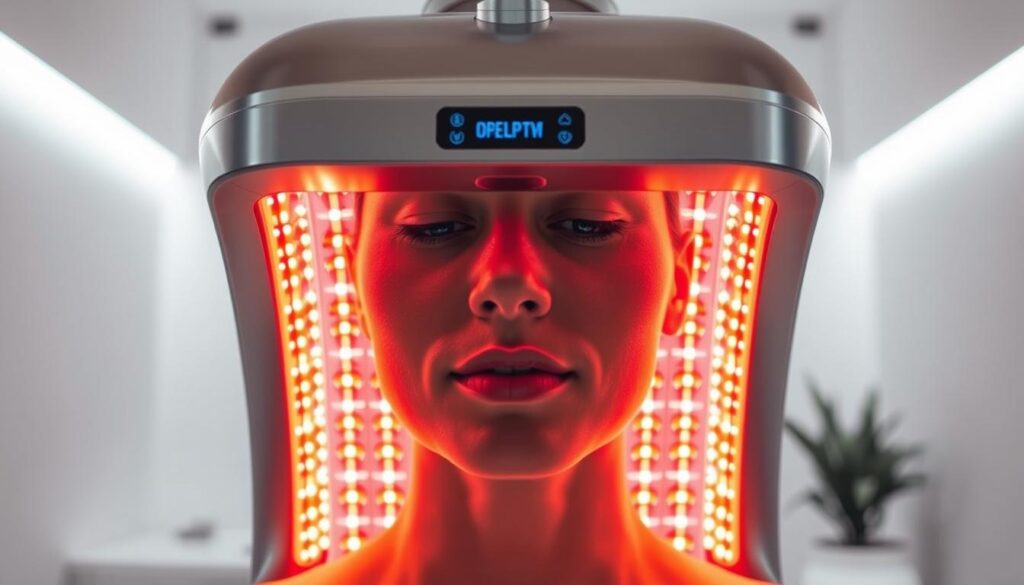 A sleek and modern LED light therapy device, its smooth metallic frame and glowing panels exuding a sense of clinical sophistication. In the foreground, the device's array of red and near-infrared LEDs emit a warm, therapeutic glow, casting a soft, even light across a person's face. The middle ground showcases the device's intuitive control panel, with minimalist buttons and a digital display highlighting the device's various settings and modes. In the background, a clean, minimalist environment with white walls and subtle accent lighting creates a calming, wellness-focused atmosphere, emphasizing the device's role in cutting-edge light therapy innovations. A sleek and modern LED light therapy device, its smooth metallic frame and glowing panels exuding a sense of clinical sophistication. In the foreground, the device's array of red and near-infrared LEDs emit a warm, therapeutic glow, casting a soft, even light across a person's face. The middle ground showcases the device's intuitive control panel, with minimalist buttons and a digital display highlighting the device's various settings and modes. In the background, a clean, minimalist environment with white walls and subtle accent lighting creates a calming, wellness-focused atmosphere, emphasizing the device's role in cutting-edge light therapy innovations.
