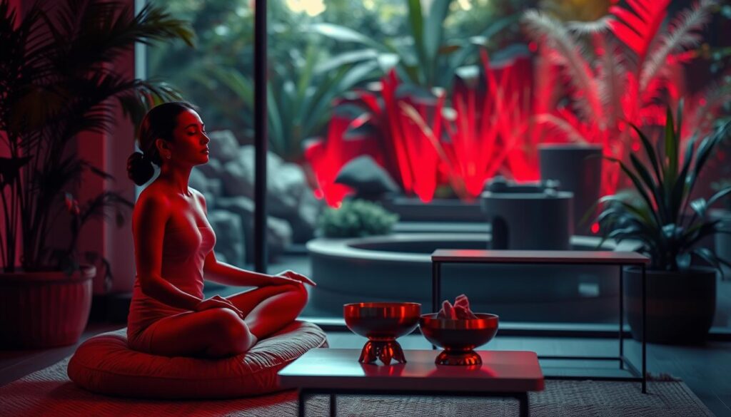 A tranquil meditation space filled with the warm glow of red light therapy. In the foreground, a person sits cross-legged on a plush meditation cushion, eyes closed in deep contemplation. The soft, diffused crimson light envelops them, radiating healing energy. In the middle ground, an ornate brass meditation bowl and a small cluster of crystals sit atop a sleek, minimalist side table. The background is a serene, nature-inspired scene, with lush greenery and a calming water feature creating an atmosphere of serenity and balance. The overall scene conveys a sense of synergy between the restorative powers of red light therapy and the meditative practice, evoking a state of profound inner peace and rejuvenation.