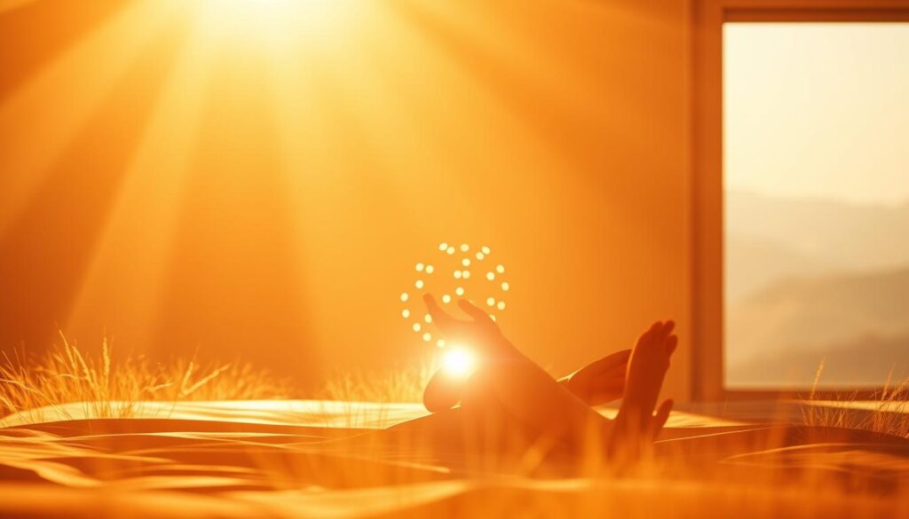 A tranquil, meditative scene bathed in warm, golden light. In the foreground, a serene figure sits cross-legged, palms upturned, eyes closed in deep contemplation. The middle ground features a shimmering array of red and infrared lights, radiating a therapeutic glow. In the background, a minimalist landscape of soft hills and a hazy horizon, evoking a sense of connection between the inner and outer realms. The lighting is natural yet profound, casting a luminous, ethereal ambiance that enhances the subject's state of focused relaxation. Captured with a wide-angle lens to convey a sense of expansive tranquility, this image embodies the harmonious integration of meditation and red light therapy.