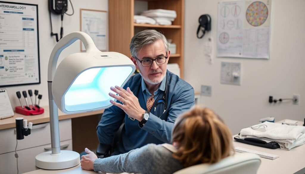 a dermatologist sitting at a desk, examining a patient's skin under a bright light therapy device, with various medical instruments and charts in the background, capturing the expertise and authority of the dermatologist as they provide insights on light therapy for skin conditions, the image conveying a professional, clinical atmosphere with a focus on the dermatologist's assessment and recommendations a dermatologist sitting at a desk, examining a patient's skin under a bright light therapy device, with various medical instruments and charts in the background, capturing the expertise and authority of the dermatologist as they provide insights on light therapy for skin conditions, the image conveying a professional, clinical atmosphere with a focus on the dermatologist's assessment and recommendations